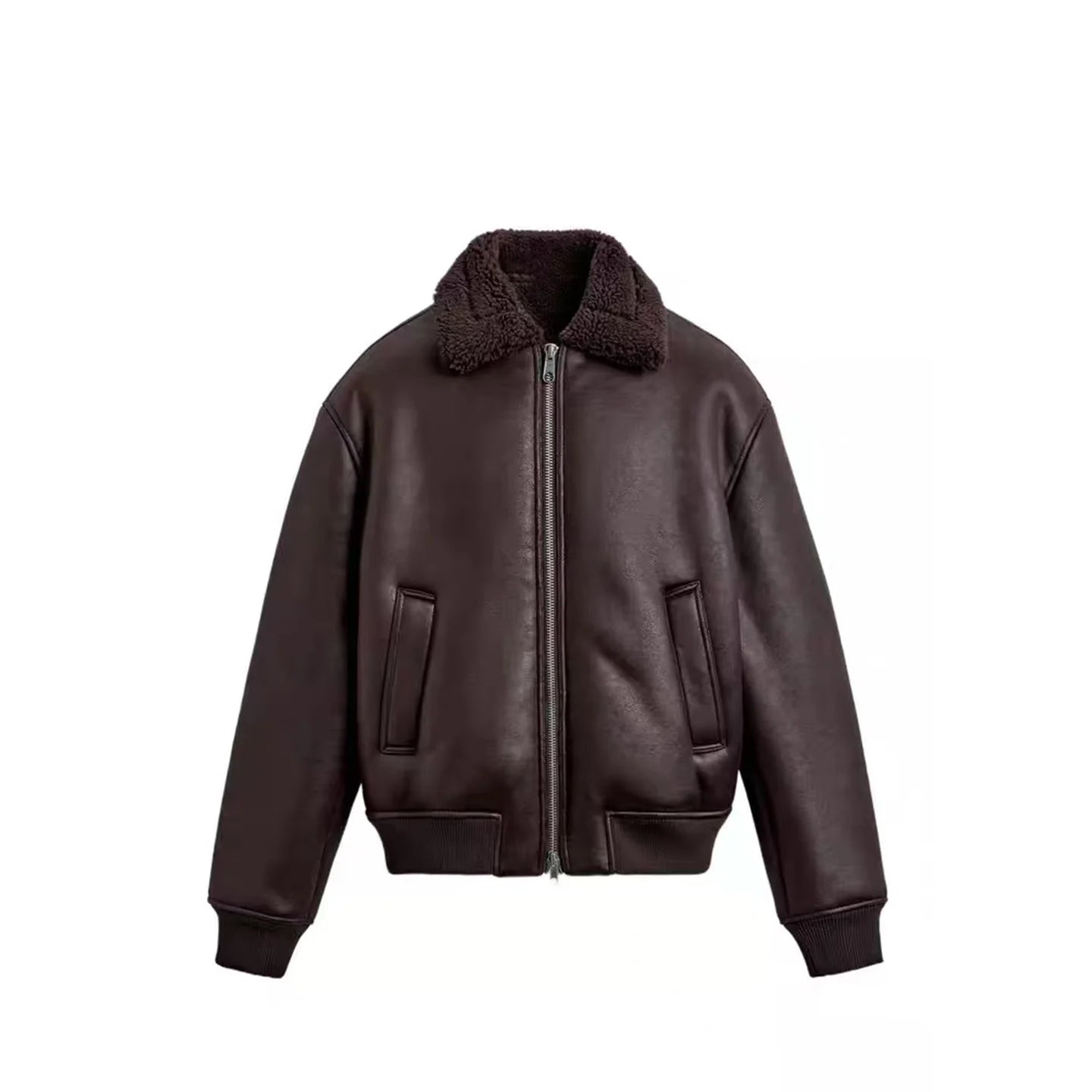Loose Double-Sided Leather Effect Jacket Men's Casual Style Long Sleeve Zipper Closure Pure Color HMZR Autumn Winter New Arrival