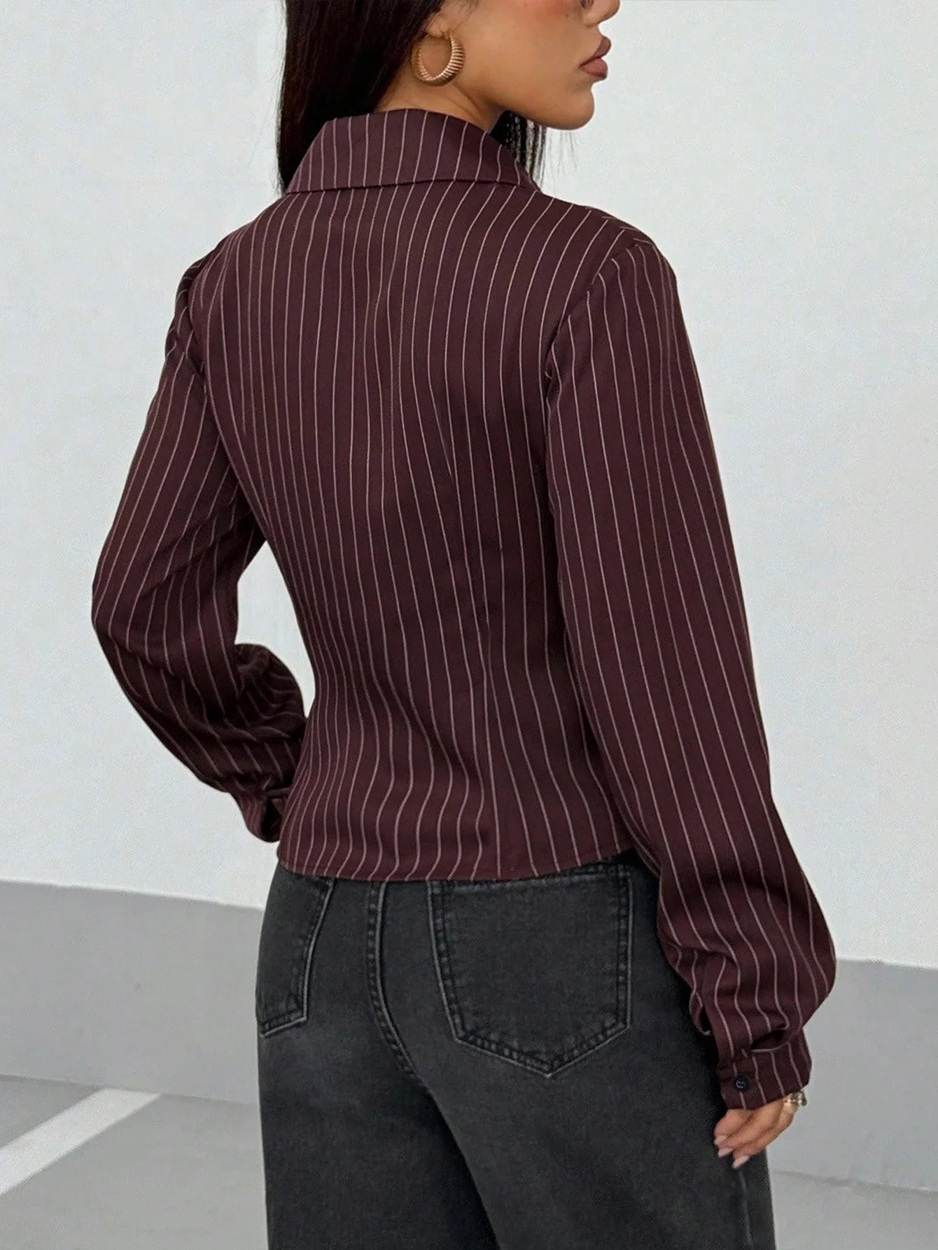 Spring and autumn new retro striped lapel button design slim fit blouse for women