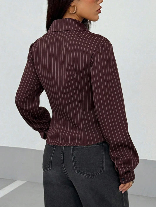 Spring and autumn new retro striped lapel button design slim fit blouse for women