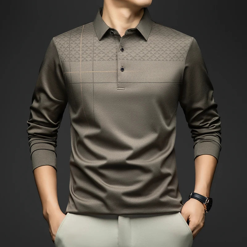 BROWON Luxury Brand Elegant Formal Polo Tshirts Men Graphic Design Long Sleeve Shirt Collar Office Work Polo Tops Man Clothing