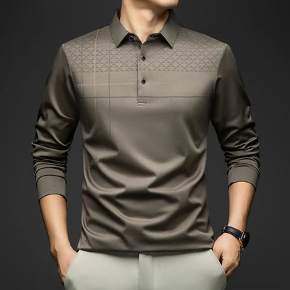 BROWON Luxury Brand Elegant Formal Polo Tshirts Men Graphic Design Long Sleeve Shirt Collar Office Work Polo Tops Man Clothing
