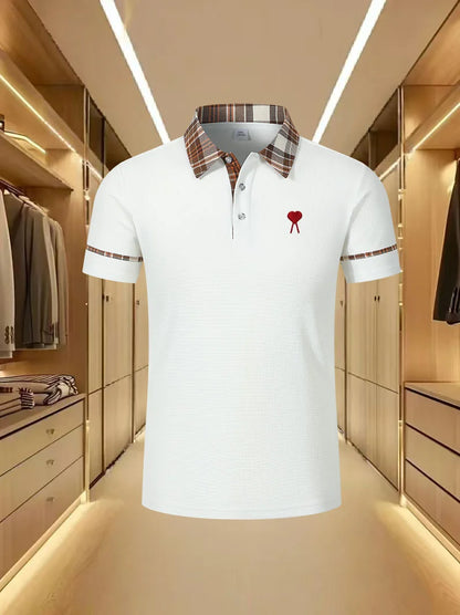 High end brand polo shirt top heart embroidery 2026 summer men's short sleeved casual and comfortable cool striped lapel T-shirt