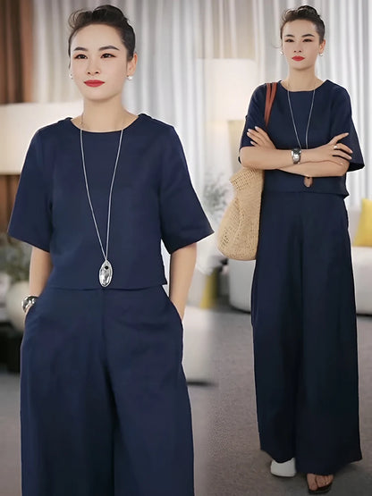 Elegant Fashionable Linen Wide Leg Pants Set Women's Summer New Design Unique Two Piece Suit Casual Commute Style round Neck