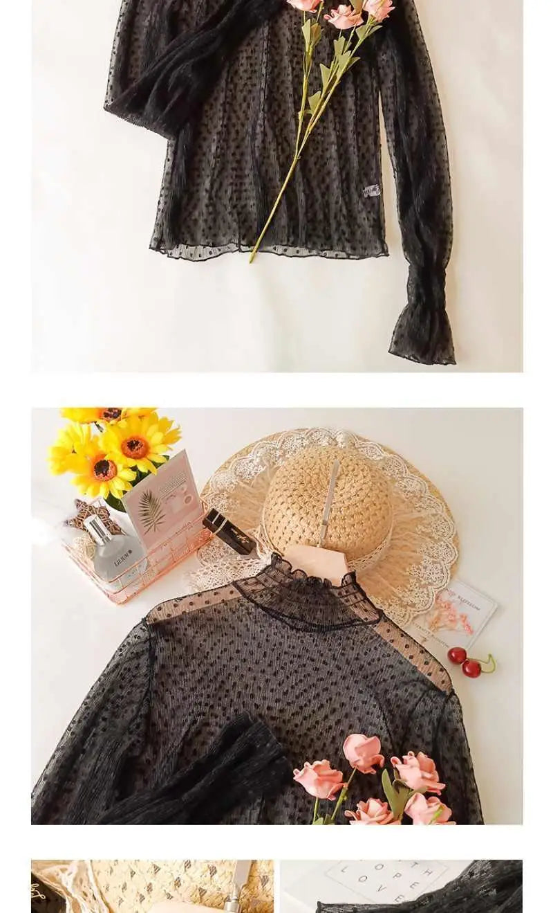 Women's Lace Base Shirt Long Sleeve High Collar Mesh Top 2023 Autumn Fashion Transparent Thin Film Inner Wear Versatile Slim Fit