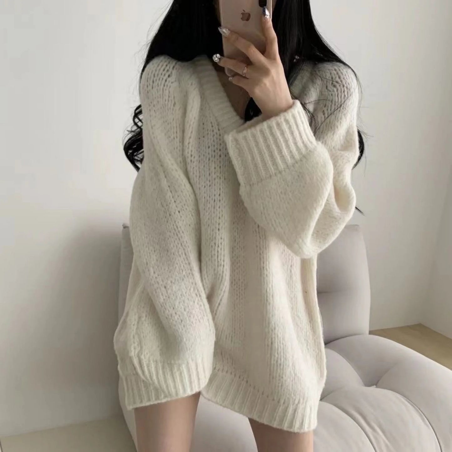 plus Size Lazy Style V-Neck Soft Cozy Knitted Sweater Women's Autumn Winter Loose Small Figure Top Retro Style Loose Fit Knit...
