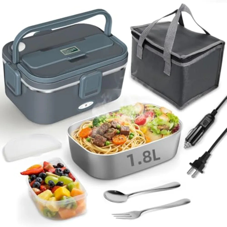 Electric Lunch Box for Adults 80W Heated Lunch Box For Men 1.8L 304 Stainless Steel Container 12V/24V/110V Portable Food Warmer