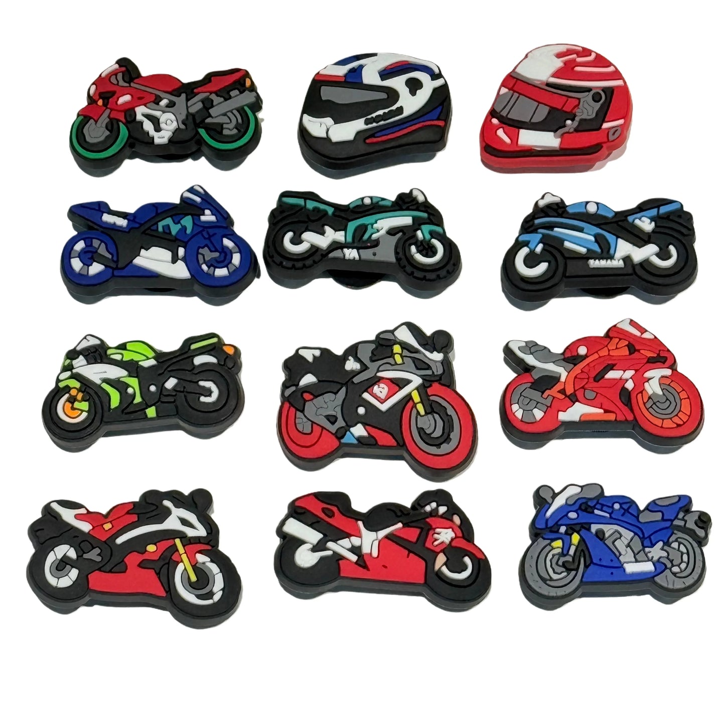 1-12PCS Cartoon Motorcycle Helmet PVC Shoe Charms Design Man Pins Accessories Funny Garden Shoes Buckle Decoration Unisex Gift