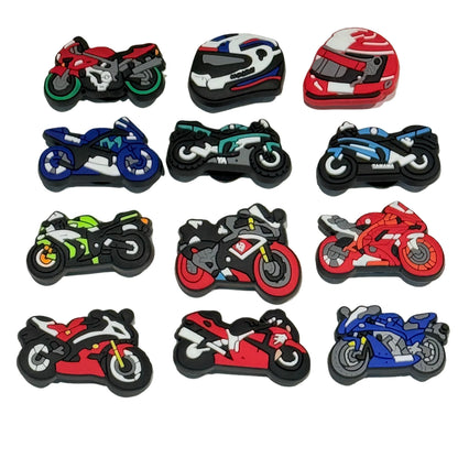 1-12PCS Cartoon Motorcycle Helmet PVC Shoe Charms Design Man Pins Accessories Funny Garden Shoes Buckle Decoration Unisex Gift
