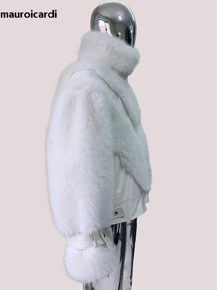 Mauroicardi Autumn Winter Short Thick Warm White Pu Leather Patchwork Faux Fur Coat Men Stand Collar Zip Up Fluffy Jacket 2025