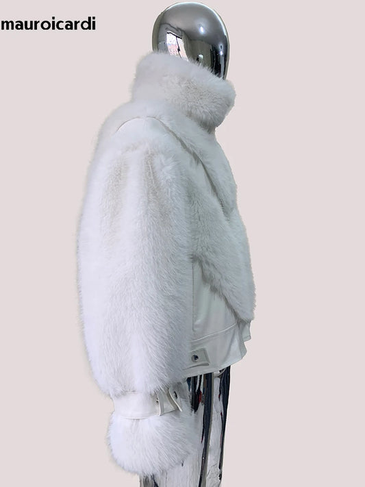 Mauroicardi Autumn Winter Short Thick Warm White Pu Leather Patchwork Faux Fur Coat Men Stand Collar Zip Up Fluffy Jacket 2025