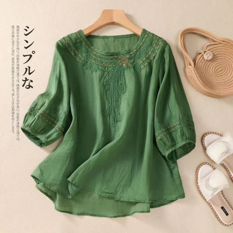 Fashion Thin Cotton Linen Y2k Tops Tee Women Clothing Summer Loose T Shirts Woman Embroidered T-shirt Blusa Casual Ladies tshirt
