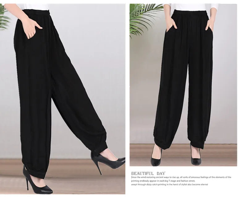 High Waist Lantern Pants Casual Cotton Silk Large Size Printed Long Trousers for Middle-Aged And Elderly Women