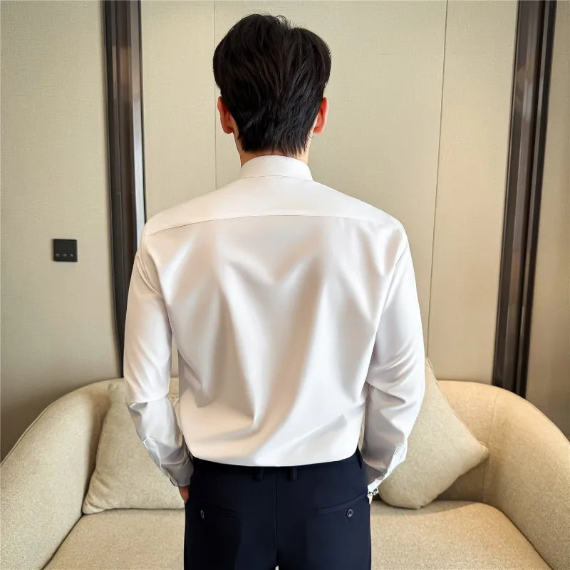 Men Shirt Stand Collar Business Solid Color Casual Slim Fit Long Sleeved Formal Dress Shirt Groom Wedding Party Men Clothing