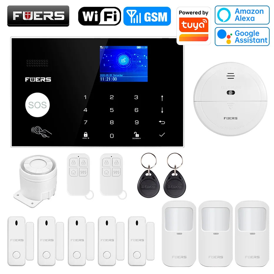 FUERS WIFI GSM Alarm System Wireless Home Burglar Security Alarm System works with Tuya Smart APP Control Motion Detector Sensor