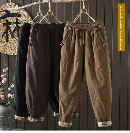 Retro  Color Cotton Filled Casual Loose Harem Pants Small Footed Trousers Winter Outerwear for Women plus Size