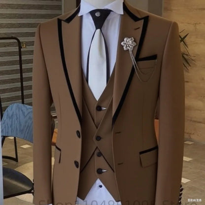 Men's Solid Slim Fit 3-Piece Business Suit Set with Blazer Vest And Pants for Wedding Party Luxury Fashion Tuxedo
