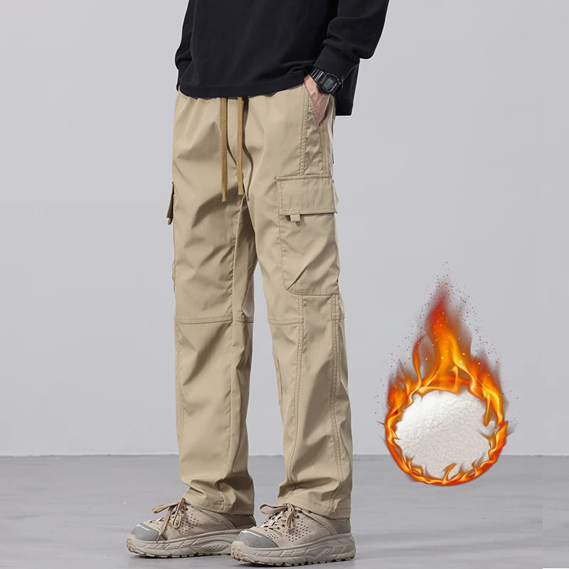 Men's Fleece Cargo Pants Winter Fashion Casual Pants Large Pockets Loose Velvet Trousers Male Plush Thickened Warm Pants