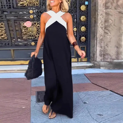 Women's Long Cross Dress Skirt European Style Mid-Waist A-Line Dress Polyester Fabric No-Sleeve Business Wear Single Piece