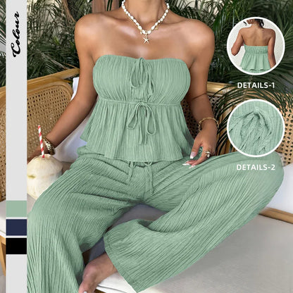 Women's 2 Piece Outfits Summer Strapless Top and Wide Leg Pants Set Textured Pleated Lounge Set Vacation Beach Wear 2026