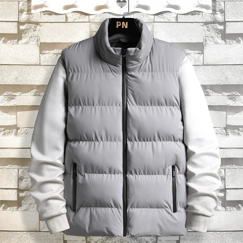 Casual jacket autumn and winter men's loose sleeveless zipper down vest men's solid color warm vest men's stand up collar jacket