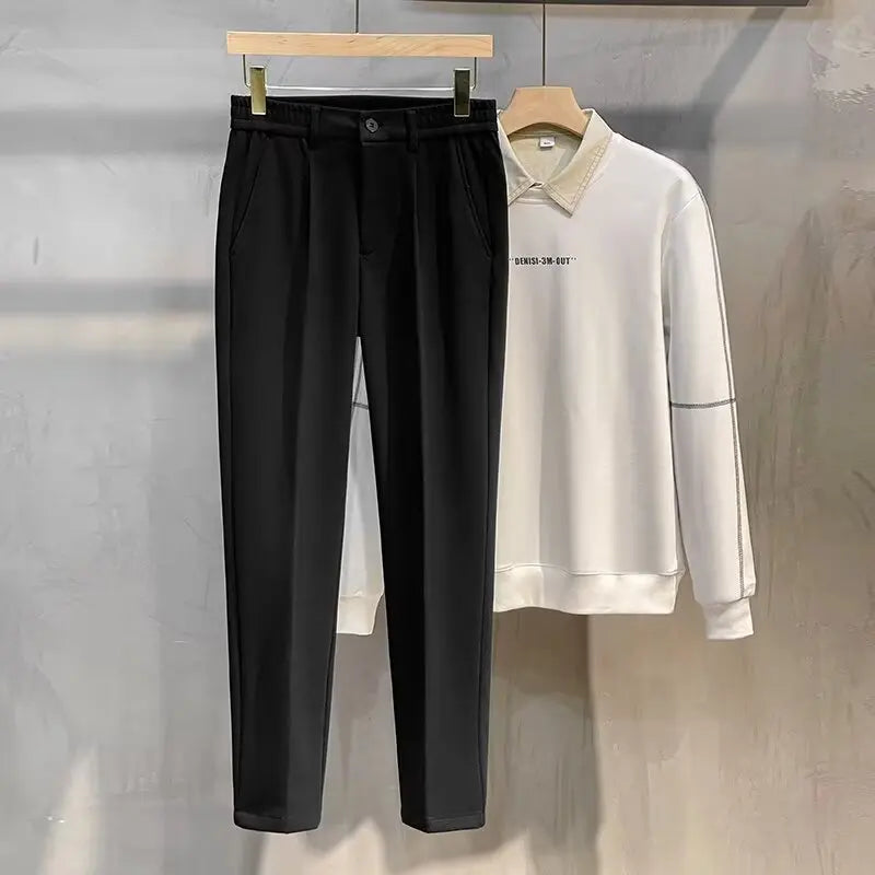 Men's Woolen Straight Leg Thickened Casual Trousers Fashionable Autumn Winter Style mid Waist Pure Color Anti-Wrinkle