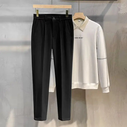 Men's Woolen Straight Leg Thickened Casual Trousers Fashionable Autumn Winter Style mid Waist Pure Color Anti-Wrinkle