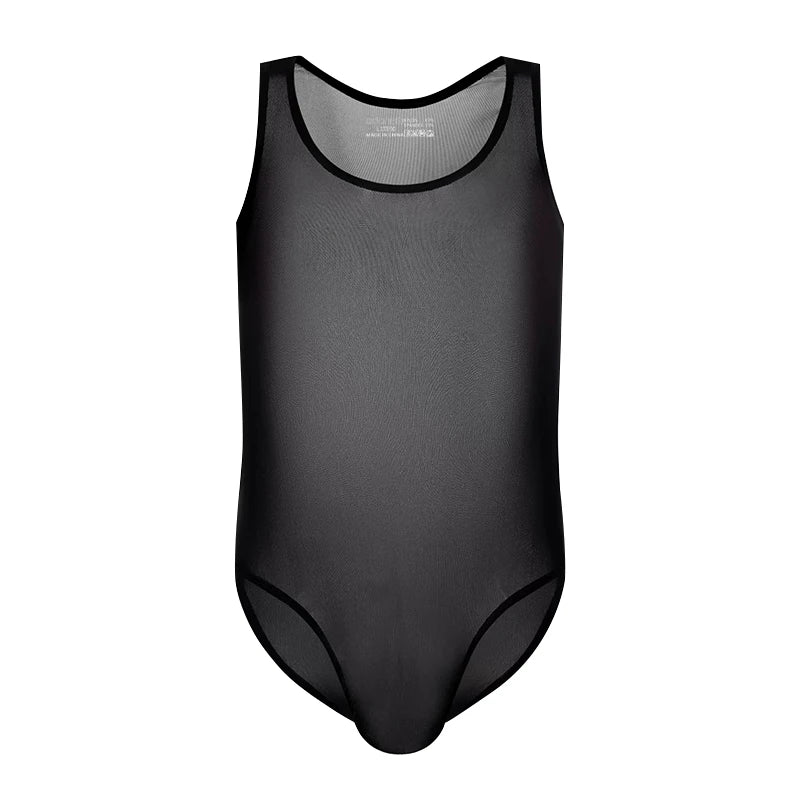 3 Colors Men Bodysuit Underwear Mesh See Through Sexy Sleeveless Thin Rompers Underwear Skinny Fashion Male Bodysuits Thongs