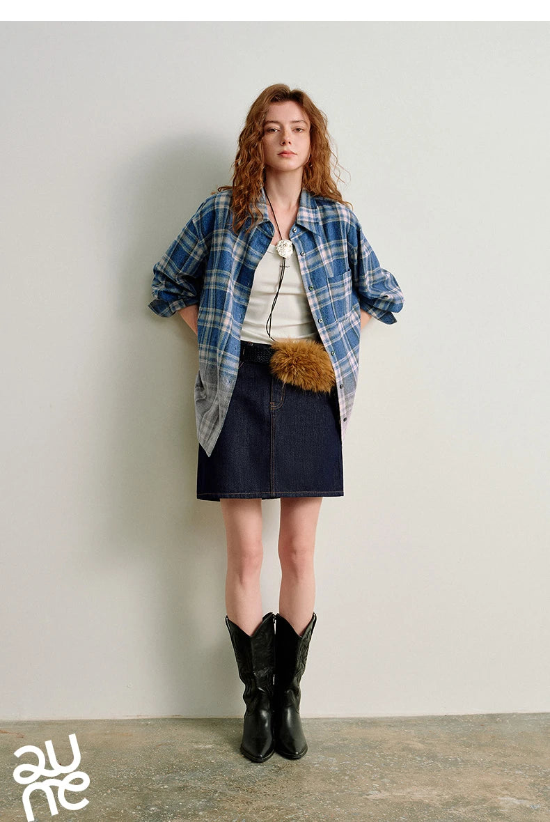 TOYOUTH Women Brushed Shirts 2026 Spring New Mid-Length Gradient Blue-White Plaid Loose Blouses