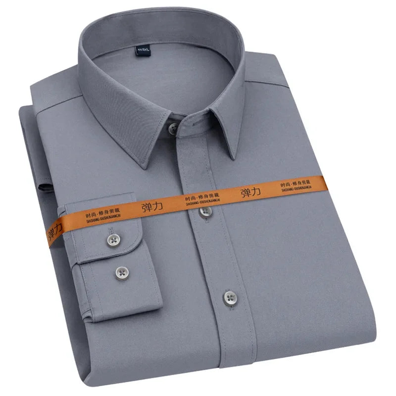 New Men's Shirt Long Sleeve Tooling Elastic Business Slim-fit Non-ironing Long Sleeve High-end Solid Color Men's Casual Shirts