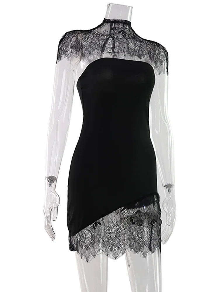 Ahagaga Sexy Women's Mini Dresses Solid Patchwork Lace Slash Sleeveless Sheath Bodycon Sheer Regular Casual Streetwear Vestidos