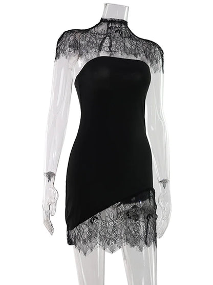 Ahagaga Sexy Women's Mini Dresses Solid Patchwork Lace Slash Sleeveless Sheath Bodycon Sheer Regular Casual Streetwear Vestidos