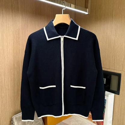 England Vintage Men Patchworked Knitted Sweater Shirts Long Sleeve Zipper Closure Pullovers Turn-down Collar Luxury Men Tops