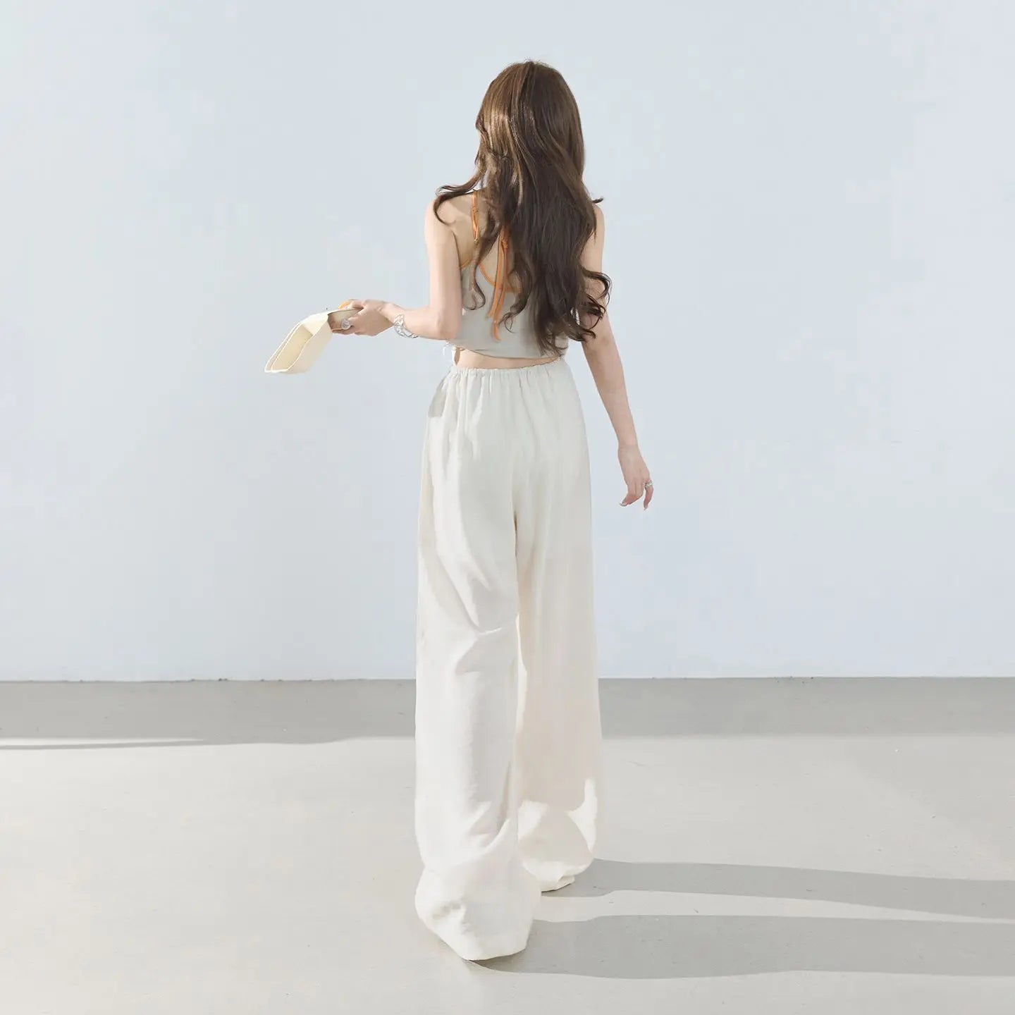 Loose wide-leg pants, classic style, drapey floor-length with drawstring, versatile thin linen straight casual pants for women