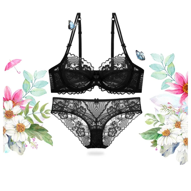 Delicate French Lace Bra Set, Sheer Minimiser Underwire for Lift, Elegant & Breathable Lingerie Large Bust MOYISU Sexy Panty Set
