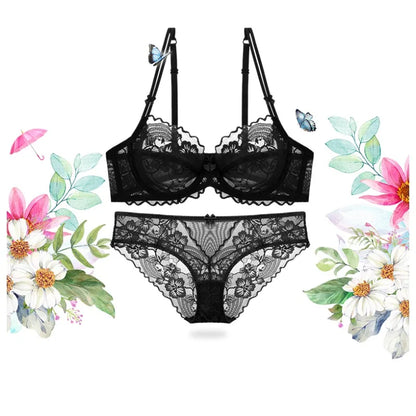 Delicate French Lace Bra Set, Sheer Minimiser Underwire for Lift, Elegant & Breathable Lingerie Large Bust MOYISU Sexy Panty Set