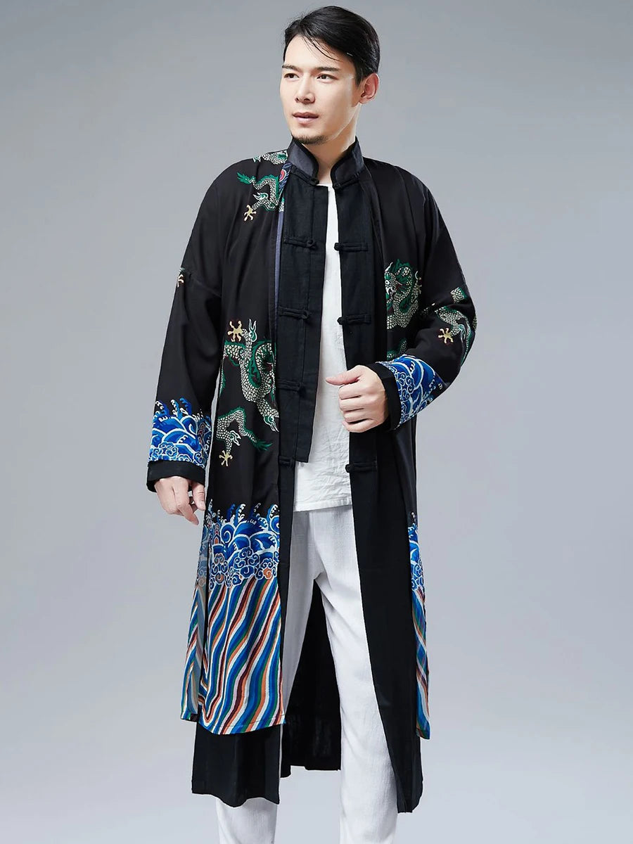Retro Chinese Sle Youth Men's Long irt Fake Two-Piece Silk Printed Cotton Linen Hanfu Tang Costume Robe Summer Casual Wear