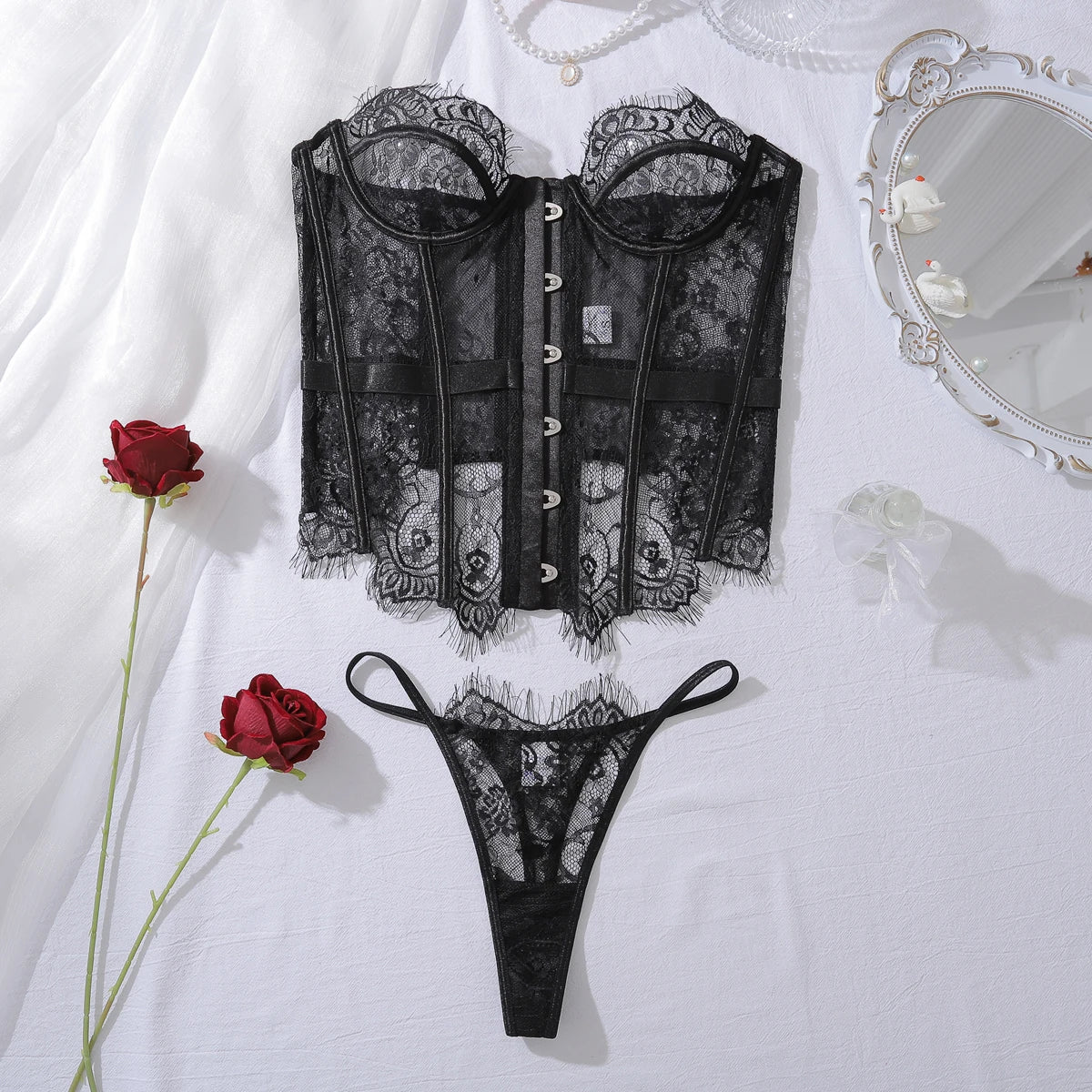 2025 Women's Eyelash Lace Perspective Low cut Fishbone Body Shaping and Slimming Sexy Underwear Two Piece Set