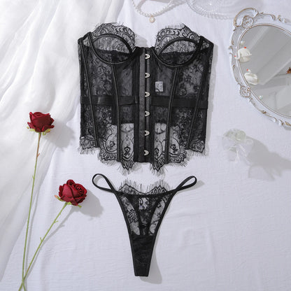 2025 Women's Eyelash Lace Perspective Low cut Fishbone Body Shaping and Slimming Sexy Underwear Two Piece Set