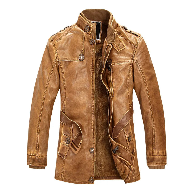 Thick Warm Cashmere Men Outwear Fleece Fur Collar Windbreaker Coats Men's Military Tactical Leather Jackets Long Jacket Men
