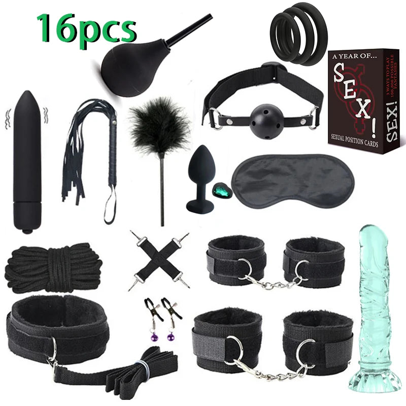 Erotic Sex Toys For Women Adults Games Nylon 16pcs Bondage BDSM Kits Handcuffs Sex Whip Mouth Gag Dildo Vibrator Anal Plug