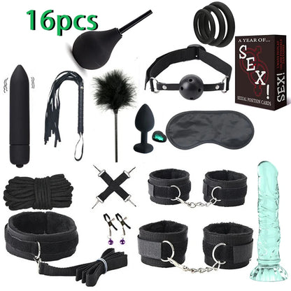 Erotic Sex Toys For Women Adults Games Nylon 16pcs Bondage BDSM Kits Handcuffs Sex Whip Mouth Gag Dildo Vibrator Anal Plug