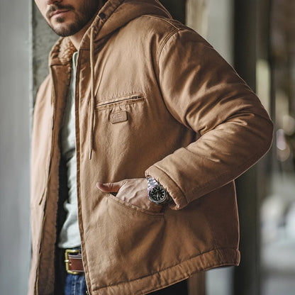Maden Retro J141 Active Hooded Jacket Solid Color Sherpa Fleece Cotton-padded Coat with Velvet Warm  Canvas Outerwear for Men