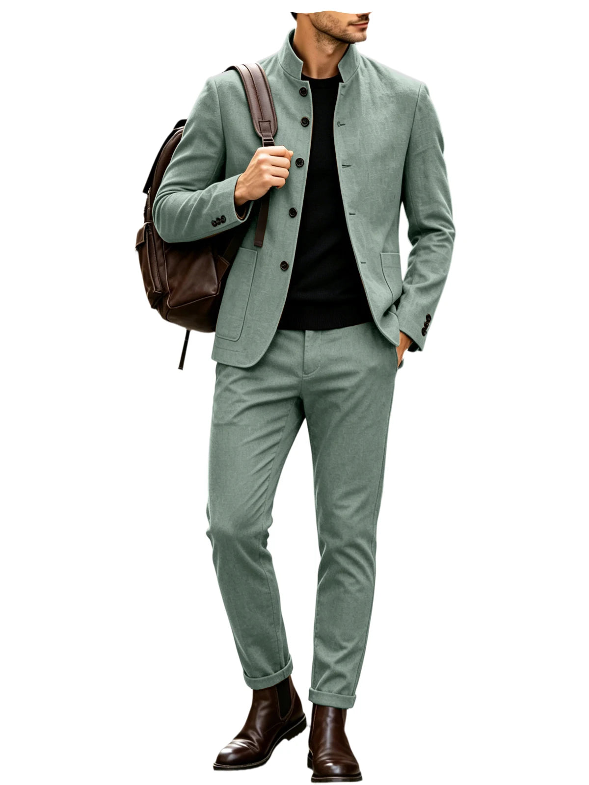Men's Linen Stand Collar Suit 2-Piece Blazer & Pants Set Slim Fit Business Casual Tuxedo Jacket Trousers Formal Wedding Outfit
