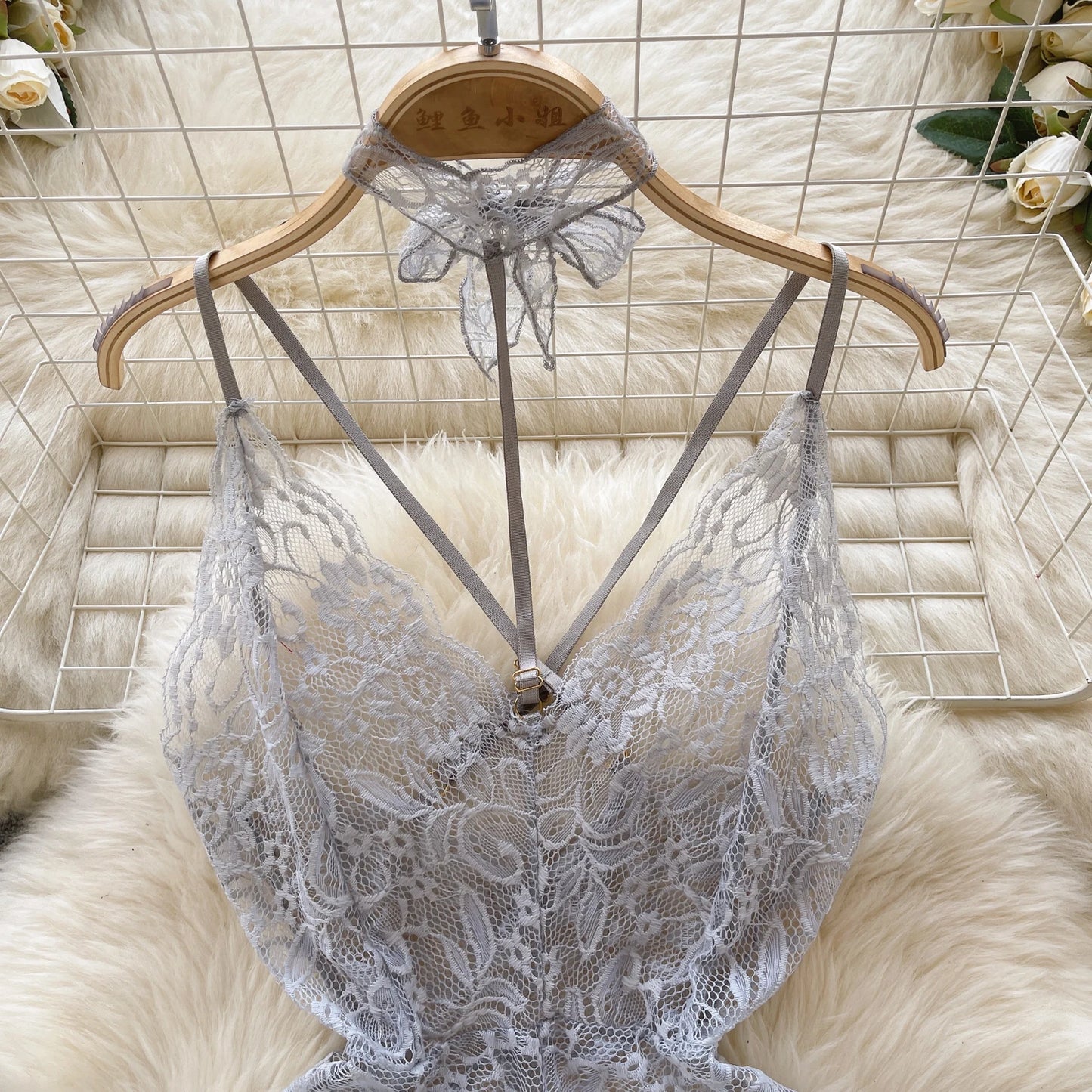 Sexy Lace Strap Jumpsuit Slim Fit Transparent Women's Pajamas Halter Playsuit Erotic Lingerie Catsuit Backless Hollowed Bodysuit