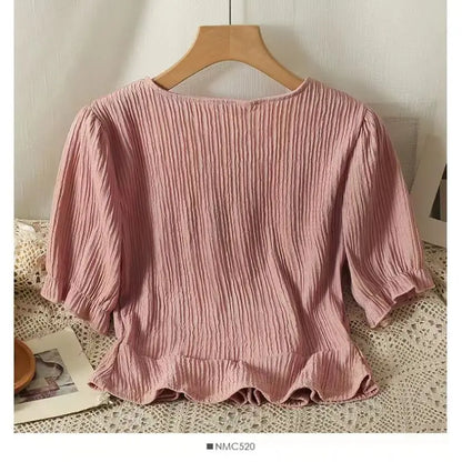 Summer 2025 New Folded Square Collar Bubble Sleeve Shirt High Waist Loose Casual Wide Leg Pants Two Piece Set Women's Fashion