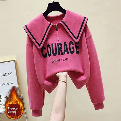 Teenage Girl's Fleece Lined Thickened Navy Collar Sweatshirt Small Size Winter Fashionable Clothing School Sweet Style Zipper