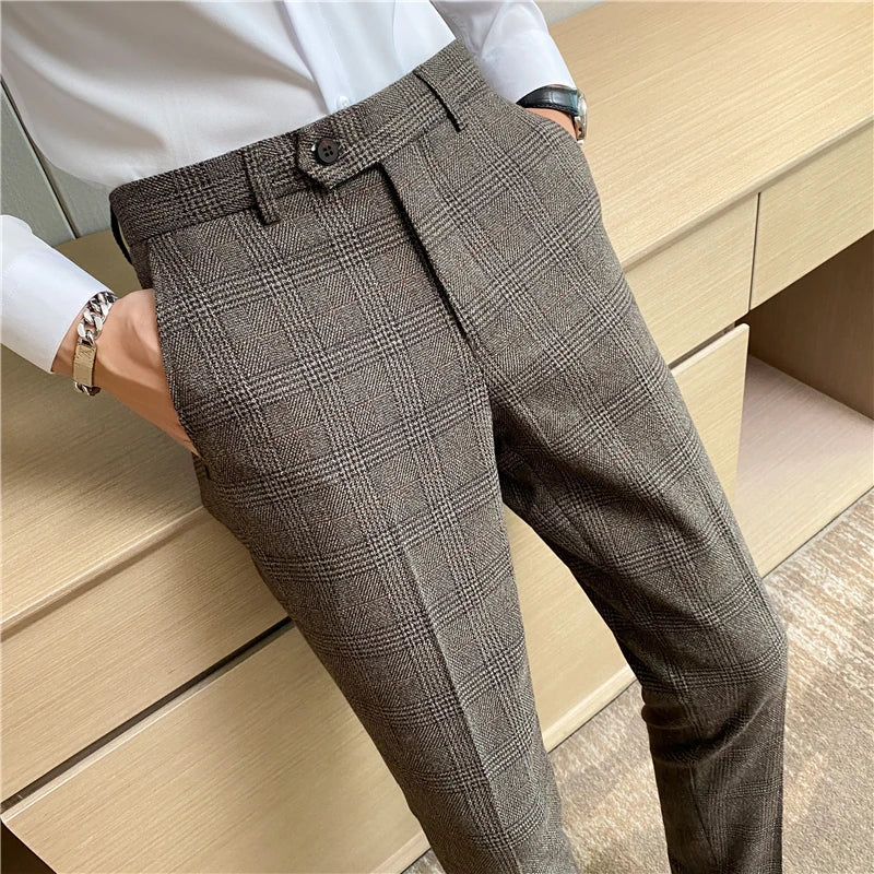 【 High Quality 】 Light Mature Style Spring and Autumn Checked Fashion Long Pants for Men, Trendy Business Casual Little Dress Pa