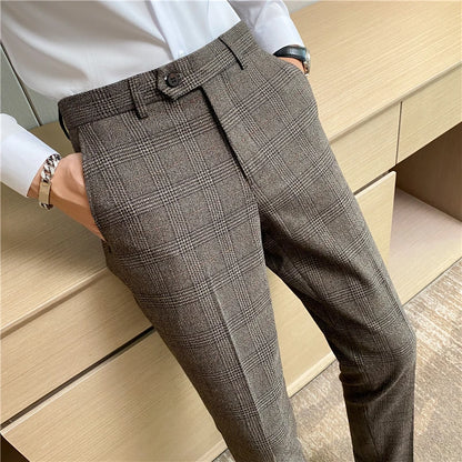【 High Quality 】 Light Mature Style Spring and Autumn Checked Fashion Long Pants for Men, Trendy Business Casual Little Dress Pa