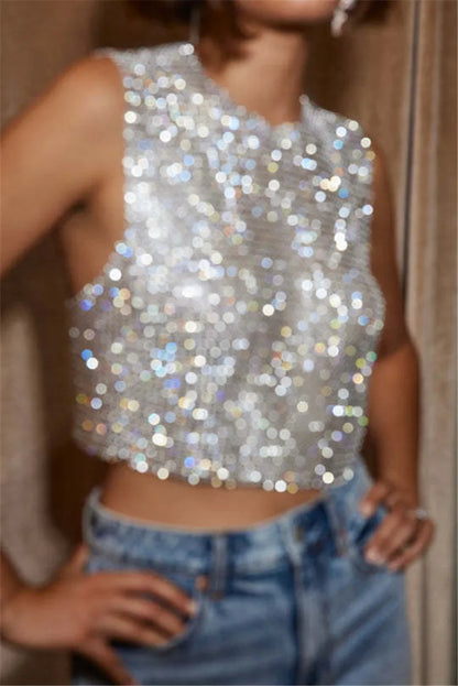 Shiny Rhinestone Sequins Crop Top Sexy Backless Round Neck Metal Tank Top For Women 2024 Fashion Nightclub Party Camisole