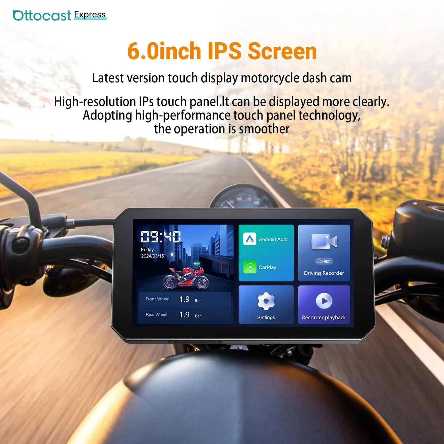 Ottocast Express Motorcycle Display 6.0 inch IP67 Waterproof GPS Wireless Carplay Android Auto DVR Drive Recorder Moto Monitor